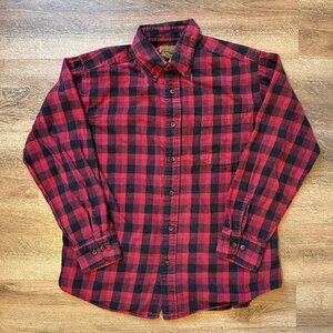 St John's Bay Casual Button Down Mens Medium Red Plaid Rugged Flannel Shirt